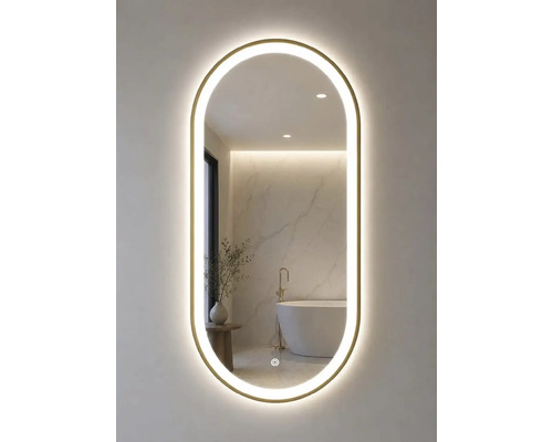 "Oval LED-badrumsspegel med smal guldfärgad ram och integrerad belysning