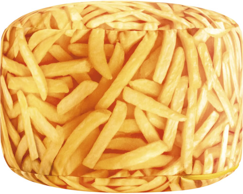 Sittpuff med pommes frites-motiv, rund sittkudde med heltäckande fototryck.