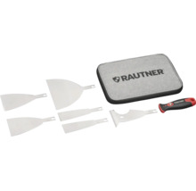 Rautner spackelset bestående av sex blad i rostfritt stål, ett ergonomiskt handtag och en väska med Rautner Logo.