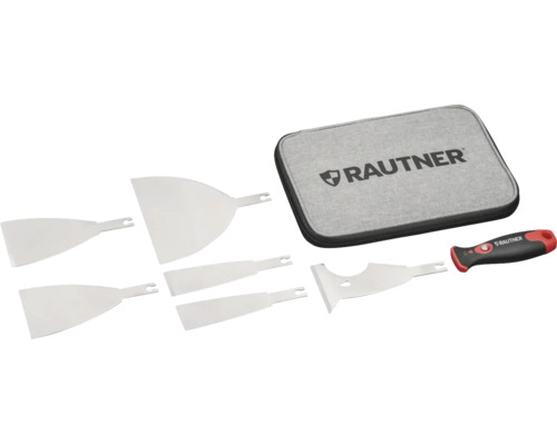 Rautner spackelset bestående av sex blad i rostfritt stål, ett ergonomiskt handtag och en väska med Rautner Logo.