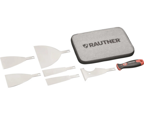 Rautner skrapset med 5 utbytbara blad, ergonomiskt handtag och förvaringsväska. Rautner Logo.