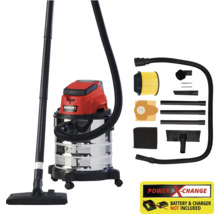 Einhell våt- och torrdammsugare med behållare av rostfritt stål, slang, munstycken och filter. Levereras utan batteri och laddare.