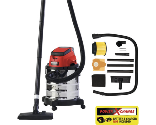 Einhell våt- och torrdammsugare med behållare av rostfritt stål, slang, munstycken och filter. Levereras utan batteri och laddare.
