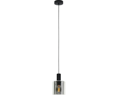 Taklampa med cylindrisk glasskärm, svart fäste och synlig LED-filamentlampa.