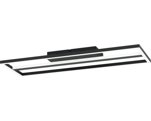 Modern LED-taklampa i svart och vitt med rektangulär design av metall och plast.