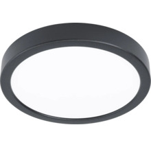 Rund LED-taklampa med svart metallram och vit diffusor.