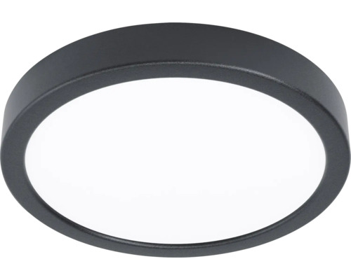 Rund LED-taklampa med svart metallram och vit diffusor.