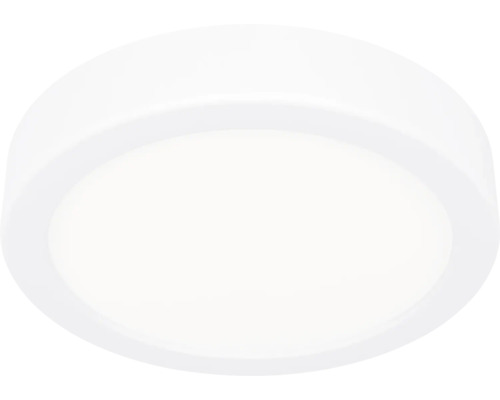 Rund, platt LED-taklampa i vitt med enkel design.