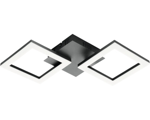 Modern kvadratisk LED-taklampa i svart metall med två lysande ramar.
