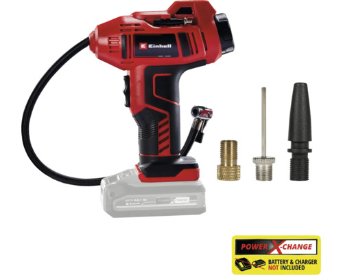 Einhell batteridriven bilkompressor Power X-Change med tre adaptrar, utan batteri och laddare.
