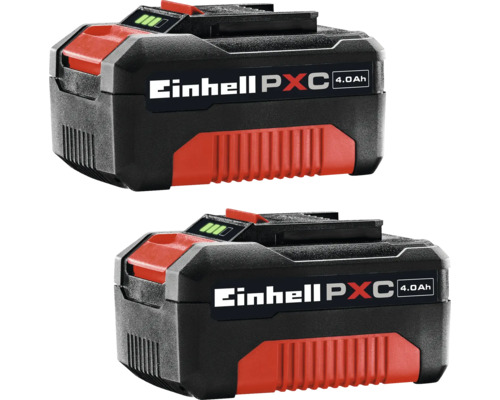 Två Einhell Power X-Change-batterier på 4,0 amperetimmar med laddningsnivåindikator för sladdlösa verktyg.