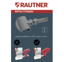 RAUTNER AluFlex 2.0-adapter för teleskopskaft med kompatibilitetsinformation för andra artiklar och grafisk vy av rätt anslutning.