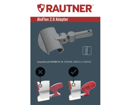 RAUTNER AluFlex 2.0-adapter för teleskopskaft med kompatibilitetsinformation för andra artiklar och grafisk vy av rätt anslutning.