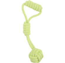 Hundleksak av neongult flätat rep med handtag och knuten boll.