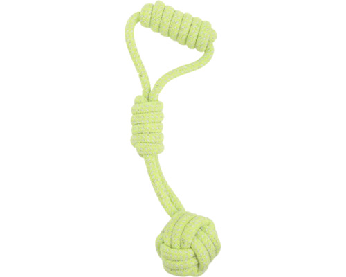 Hundleksak av neongult flätat rep med handtag och knuten boll.