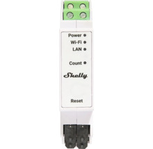 Shelly smart home-modul för DIN-skena med LED-indikatorer för Power, Wi-Fi, LAN, Count och återställningsknapp.