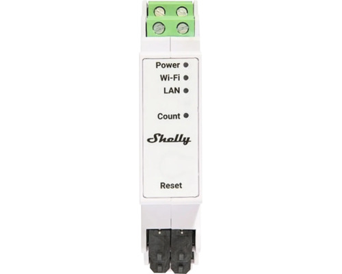Shelly smart home-modul för DIN-skena med LED-indikatorer för Power, Wi-Fi, LAN, Count och återställningsknapp.