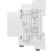 Kopplingsschema på en vit Shelly Smart Home-modul för montering på monteringsskena. Shelly Logo.