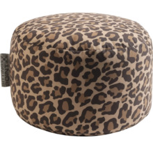 Rund sittpuff med leopardmönster och Sitting Point Logo.
