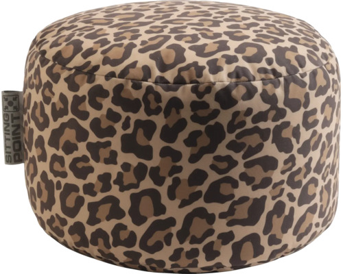 Rund sittpuff med leopardmönster och Sitting Point Logo.