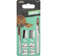 Förpackning med tre sticksågsblad från wolfcraft för laminat, tillverkad i Tyskland