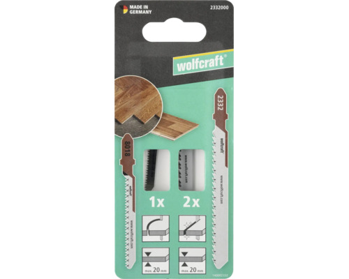 Förpackning med tre sticksågsblad från wolfcraft för laminat, tillverkad i Tyskland