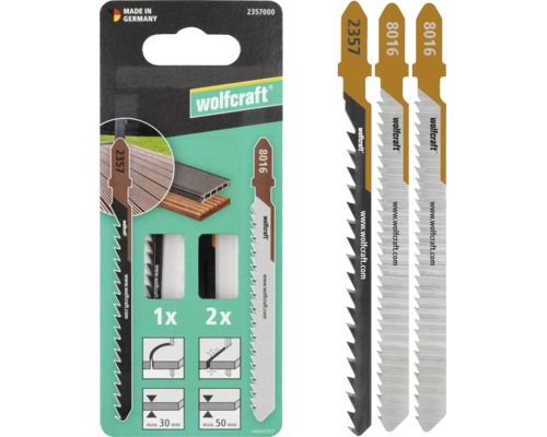 Wolfcraft sticksågsblad set i förpackning med tre blad för trä