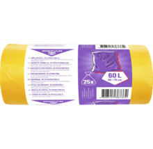 Gula soppåsar från Rakkuun, 25 stycken per rulle, 60 liter, 60 gånger 75 centimeter.