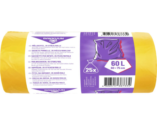 Gula soppåsar från Rakkuun, 25 stycken per rulle, 60 liter, 60 gånger 75 centimeter.
