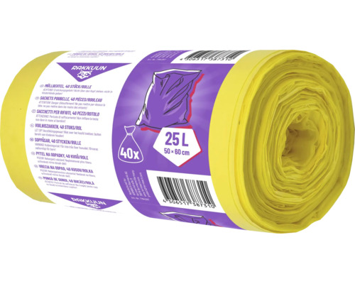 Rulle med 40 gula soppåsar från Rakkuun, volym 25 liter, mått 50 gånger 60 centimeter.