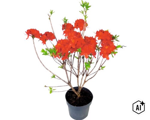 Blommande azalea med orangea blommor i en kruka. (Image AI modified or generated)