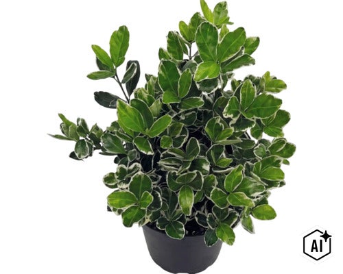 Klätterbenved Euonymus fortunei Emerald Gaiety i en svart plastkruka. (Image AI modified or generated)