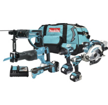 Makita batteridrivet verktygsset med borrhammare, tigersåg, skruvdragare, slagskruvdragare, cirkelsåg, multiverktyg, laddare och verktygsväska