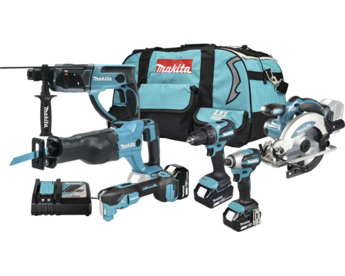 Makita batteridrivet verktygsset med borrhammare, tigersåg, skruvdragare, slagskruvdragare, cirkelsåg, multiverktyg, laddare och verktygsväska