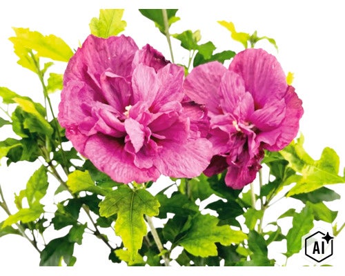 Närbild på två lila, dubbelblommiga hibiskusblommor med gröna blad. (Image AI modified or generated)