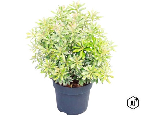 Buskrosling Pieris japonica med vit-gröna brokiga blad i en svart plastkruka. (Image AI modified or generated)