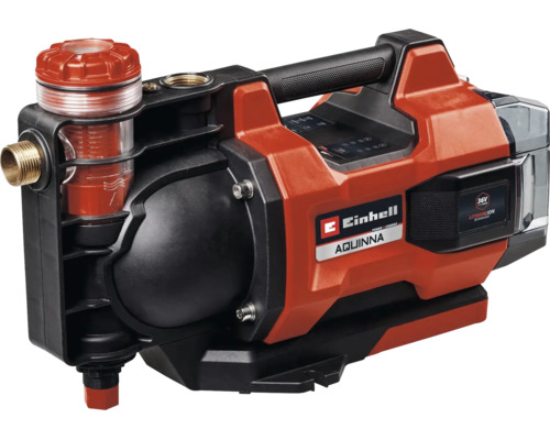 Einhell batteridriven trädgårdspump Aquinna med bärhandtag och integrerat förfilter.