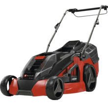 Einhell batteridriven gräsklippare i rött och svart med handtag och fyra hjul.