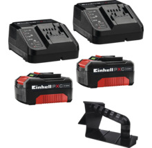 Einhell Power X-Change startkit med två 4,0 Amperetimmar batterier, två laddare och en plasthållare.