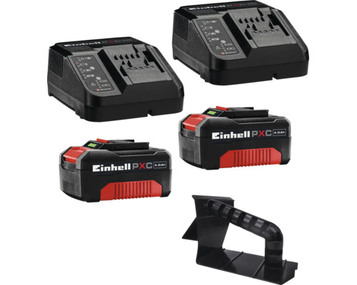 Einhell Power X-Change startkit med två 4,0 Amperetimmar batterier, två laddare och en plasthållare.