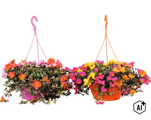 Två hängande krukor med blommande praktportlak (Portulaca) i olika färger. (Image AI modified or generated)