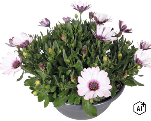 Stjärnöga Osteospermum med vitlila blommor i en grå kruka. (Image AI modified or generated)