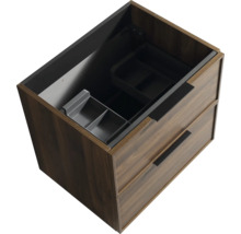 Tvättställsskåp i trä med två lådor och integrerade förvaringsboxar sett uppifrån.