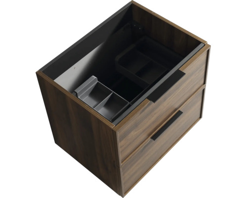 Tvättställsskåp i trä med två lådor och integrerade förvaringsboxar sett uppifrån.