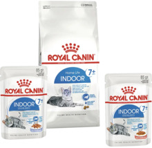 Royal Canin Indoor 7 plus kattfoder urval bestående av en påse torrfoder och två påsar våtfoder för äldre innekatter.