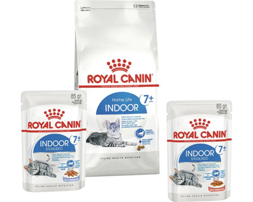 Royal Canin Indoor 7 plus kattfoder urval bestående av en påse torrfoder och två påsar våtfoder för äldre innekatter.