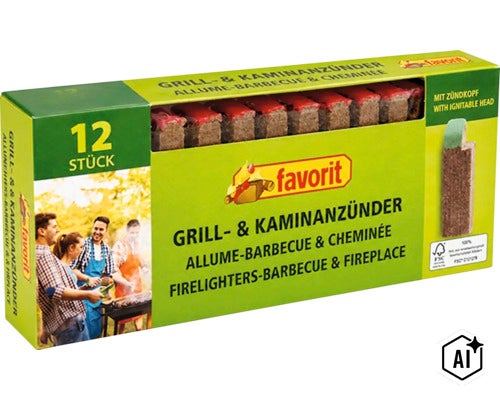 Favorit grill och braständare med tolv stycken inklusive tändhuvud i en rektangulär förpackning (Image AI modified or generated)