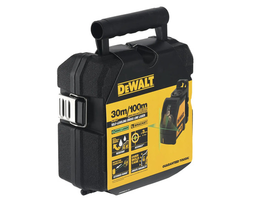 DeWalt självnivellerande korslaser i en transportväska med tekniska specifikationer och funktioner på förpackningen.