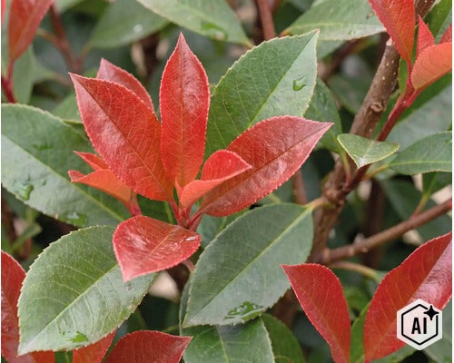 Närbild på en glansmispel Photinia fraseri med typiska lansettformade blad i skiftande färger. (Image AI modified or generated)