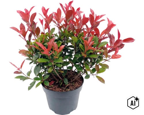 Glansmispel Photinia fraseri i en plastkruka (Image AI modified or generated)